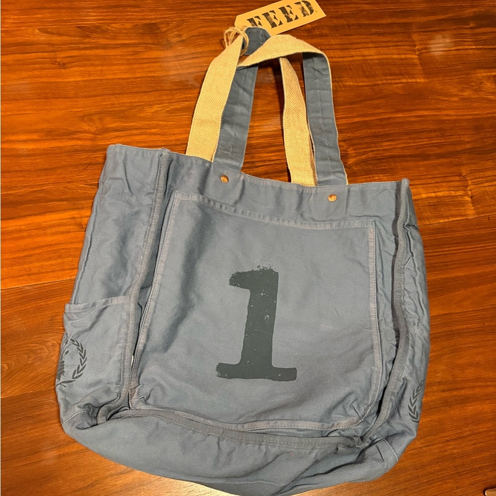NWT FEED Burlap and Blue Reversible Bag - Picture 4 of 4